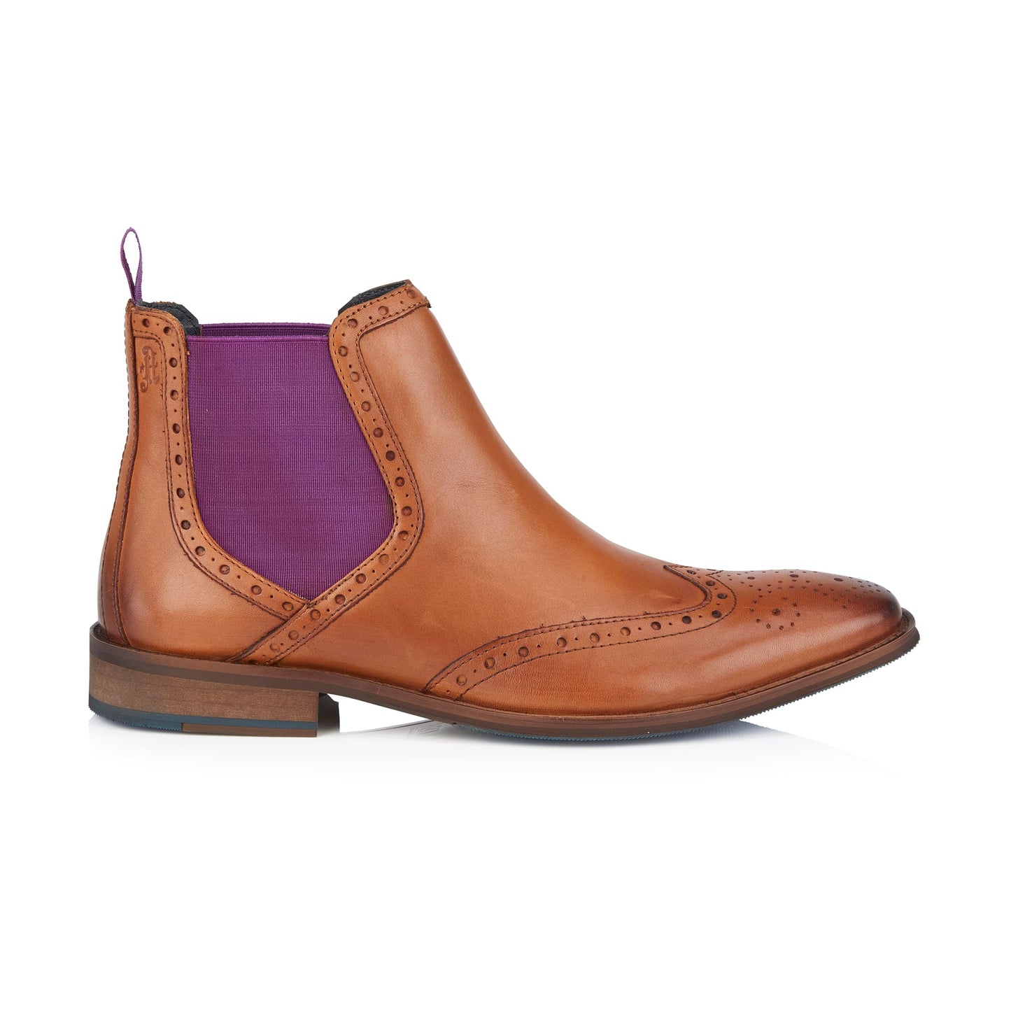 Bray Mens Leather Brogue Chelsea Boot - Tan/Purple - Amen Shoes