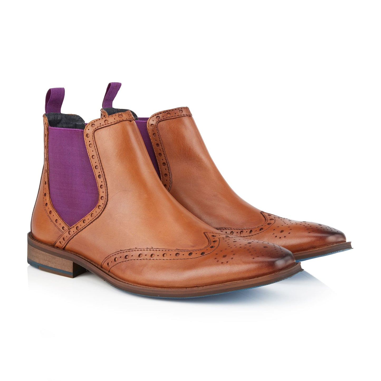 Bray Mens Leather Brogue Chelsea Boot - Tan/Purple - Amen Shoes