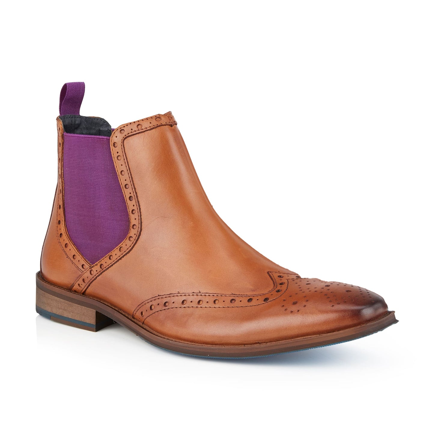 Bray Mens Leather Brogue Chelsea Boot - Tan/Purple - Amen Shoes