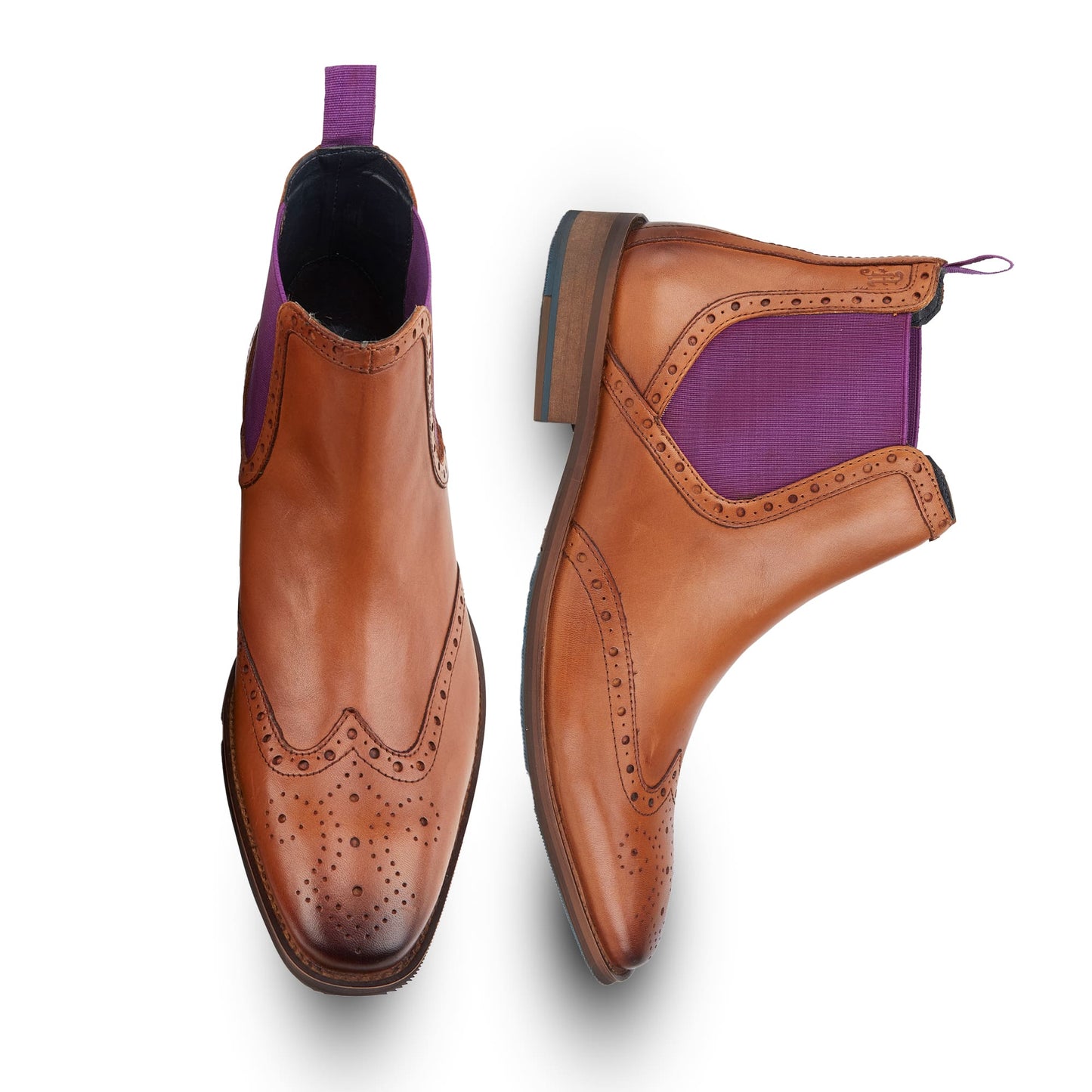 Bray Mens Leather Brogue Chelsea Boot - Tan/Purple - Amen Shoes
