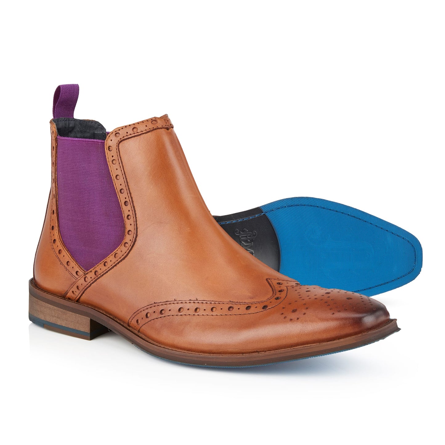 Bray Mens Leather Brogue Chelsea Boot - Tan/Purple - Amen Shoes