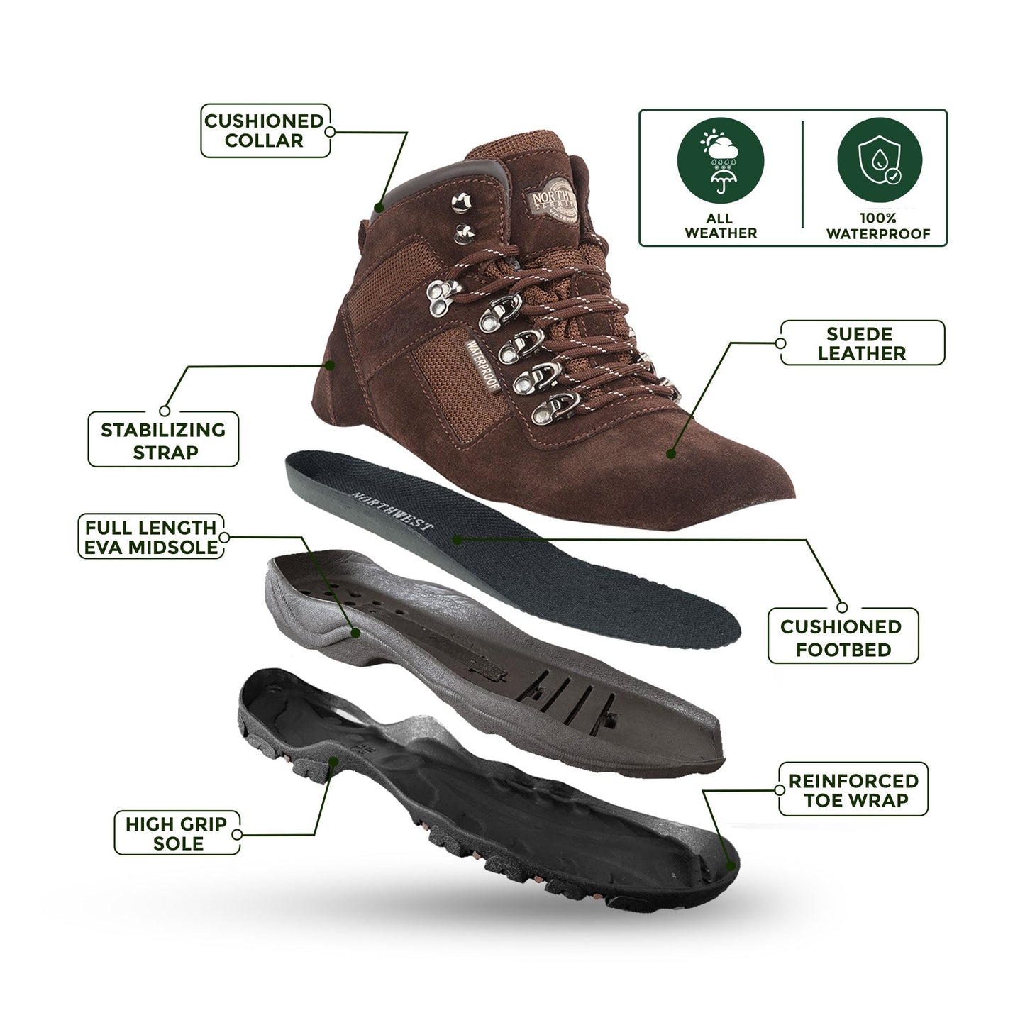 HUDSON Men's Suede Leather Waterproof Walking Boots - Brown